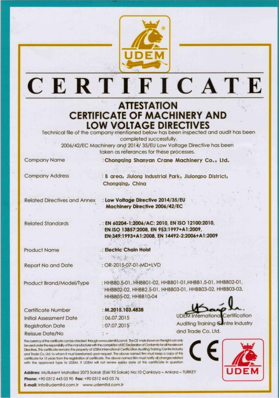 CE - Chongqing Shanyan Crane Machinery Co., Ltd.
