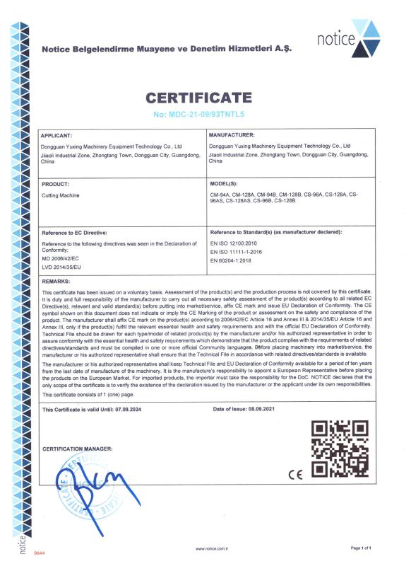CE CERTIFICATE - Dongguan Yuxing Machinery Equipment Technology Co., Ltd.