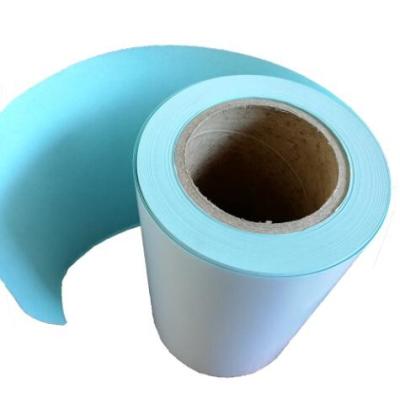 China HM2233L Top Thermal Paper Adhesive Label Material Top Thermal Hotmelt Glue Blue Glassine Liner for sale
