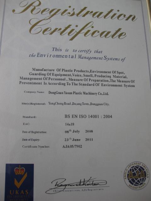 ISO4001:2004 - YAOAN PLASTIC MACHINERY CO.,LTD