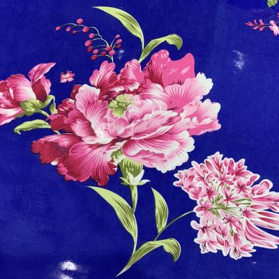 China Blue 100g/M2 Polyester Tricot Fabric Dustmite Proof With Red Peony Printing for sale