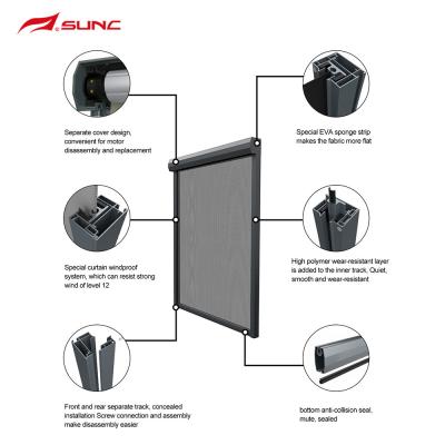中国 SUNCは引き込み式屋外の巻上げ式ブラインドのZiptrackのブラインドのテラス スクリーンの網にモーターを備えた 販売のため