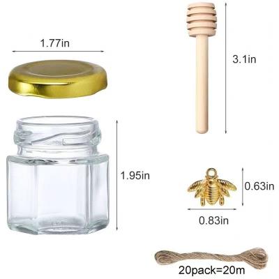 China Wedding Party Gift 1.5oz 45ml Mini Clear Glass Jar Honey Jar Mini Hexagonal Glass Honey Jar with Wooden Dipper for sale