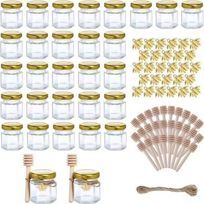 China High quality 1.5oz 45ml Hexagonal Honey Jars Luxury Mini Glass Honey Jars with Dippers For for Spice Party Gift Jam  for sale