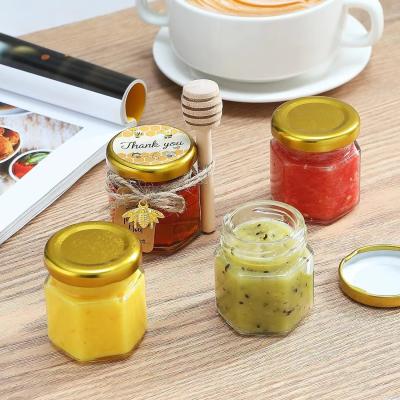 China Wholesale Custom 1.5oz 45ml Clear Hexagonal Mini Honey Jar Premium Transparent Glass Honey Jar with Dipper For Party for sale
