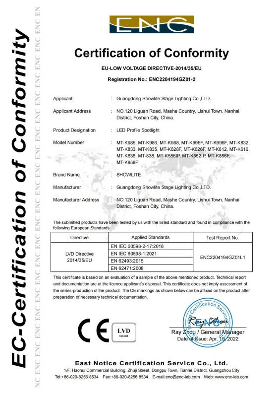 CE CERTIFICATE - Guangdong Showlite Stage Lighting Co., Ltd