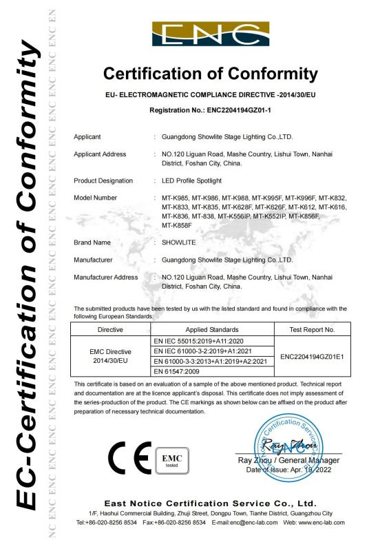 CE CERTIFICATE - Guangdong Showlite Stage Lighting Co., Ltd