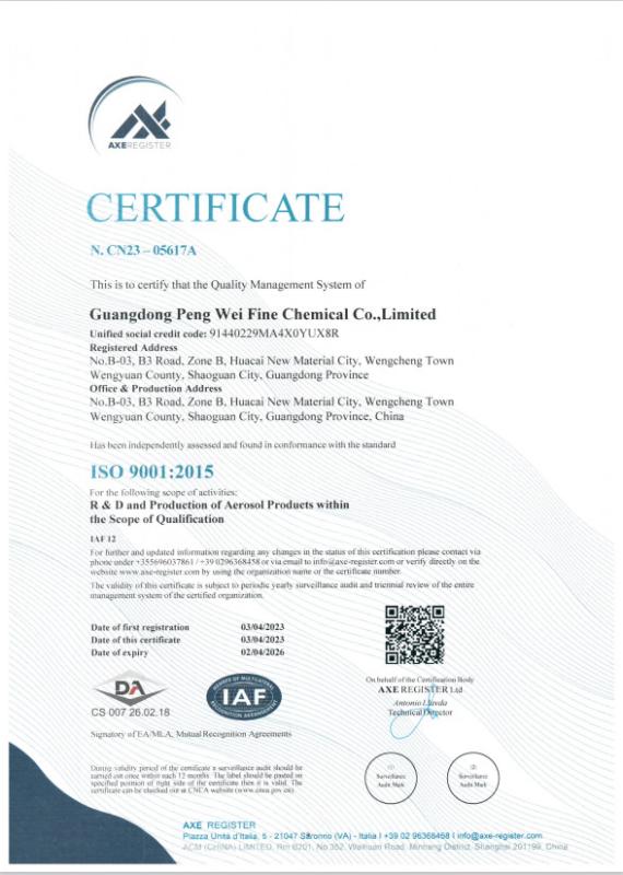 QUALITY MANAGEMENT SYSTEMS CERTIFICATION CERTIFICATE - Guangdong Peng Wei Fine Chemical Co.,Limited