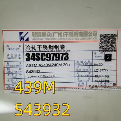 China Koudgewalst S43932 AISI439 DIN1.4510 roestvrij staalplaat 0,5-4mm 2D oppervlak Automotive uitlaat Te koop