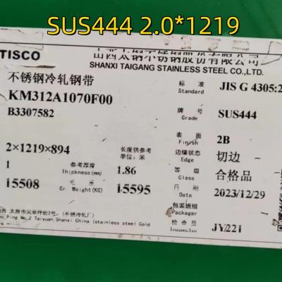 Κίνα ΑISI444 SUS444 UNS S44400 Χάλυβα από ανοξείδωτο μέταλλο 2.0*1220*2440mm Για δεξαμενές θερμού νερού προς πώληση