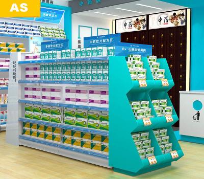 China Professional Pharmacy Display Shelves 30kg/Layer Yellow / Pink / Blue Color for sale