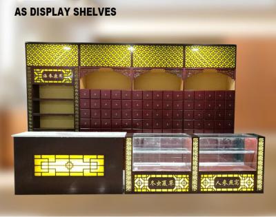 China Chinese Style Pharmacy Display Shelves Medical Shop Racks With Light Box for sale