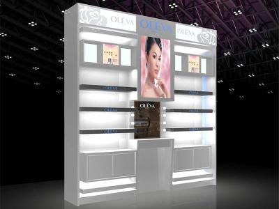 China LED-Licht-kosmetische Anzeigen-Regal-kosmetische Ladenbaue mit Schwefeln-Lack-Oberfläche zu verkaufen