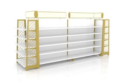 China Duty free store Golden Cosmetic Display Shelves With Attractive Bright Lights for sale