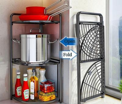 China Household Multilayer Metal Kitchen Rack Floor Pot Foldable Corner Shelf for sale