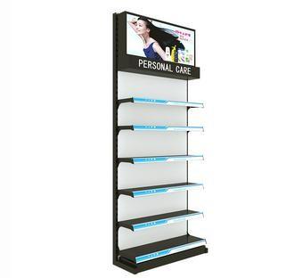 China Metal MDF Cosmetic Display Racks Wall Mounted Cosmetic Display Showcase for sale