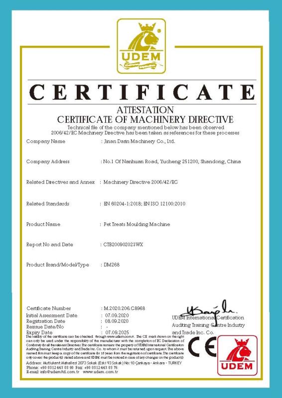 CE Certificate for Pet Treats Moulding Machine - Jinan Darin Machinery Co., Ltd.