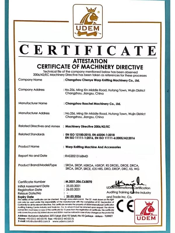 ATTESTATION CERTIFICATE OF MACHINERY DIRECTIVE - Changzhou Chenye Warp Knitting Machinery Co., Ltd. Leave Messages
