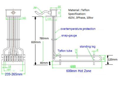 China Sobre la altura en forma de L lateral del calentador de inmersión del Teflon 415V 3P 10KW 600mm*820m m en venta