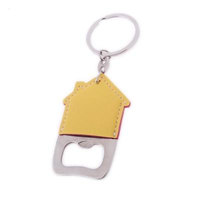 China Custom Personalized Die Punching House Shape Stainless Steel Key Tag Bottle Opener Key Ring with Leather Case for sale