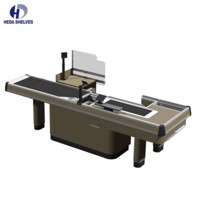 China Black Retail Supermarket Checkout Counter With Conveyor Belt For Sale for sale