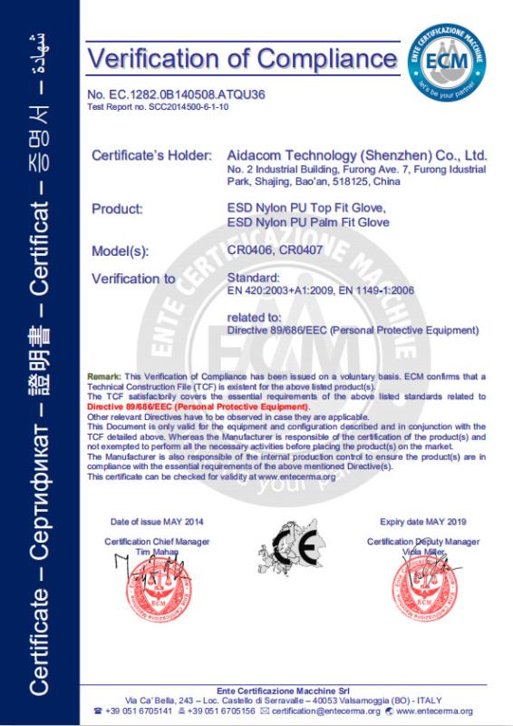EN 420:2003+A1:2009, EN 1149-1:2006 - Shenzhen Aidacom Cleantech Co., Ltd.