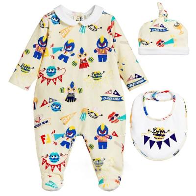 China Baby Coming Home Set Newborn Long Sleeve Printed Romper + Bib + Hat 3 Pieces Baby Clothes Set for sale
