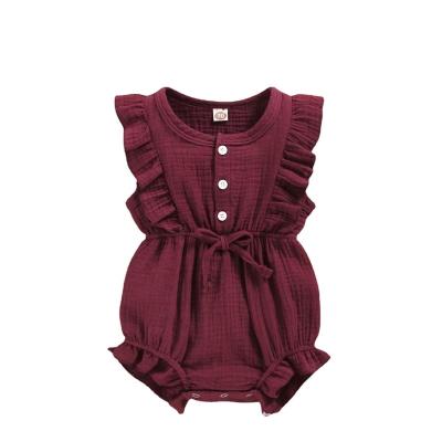 China In Stock Summer Baby Girls Romper + Headband Cotton Linen Ruffles Sleeveless Infant Rompers Newborn Clothes for sale