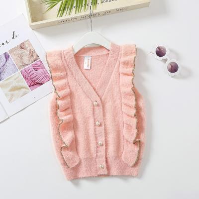 China Knitting  Ruffles Patterns Children Sleeveless Sweater Wholesale Baby Girls Feather Yarn Sweater Vest for sale