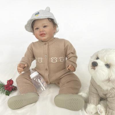China Autumn winter print long-sleeved button baby bodysuit cute bear warm knitted sweater baby bodysuit romper for sale