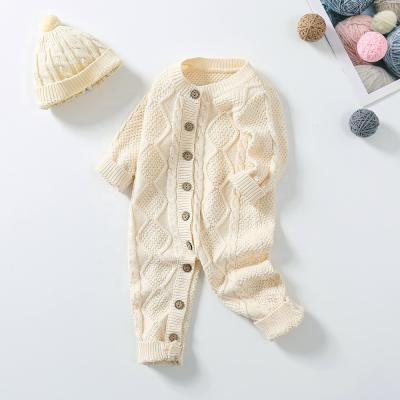 China Custom Baby Winter Bodysuit 100% cotton Cable Knitted New Born Baby Rompers Sweaters Sets With Hats for sale