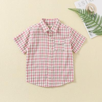 China High quality clothing boys plain tops design children shirts Preppy Style cotton fabric short sleeves plaid shirt for sale