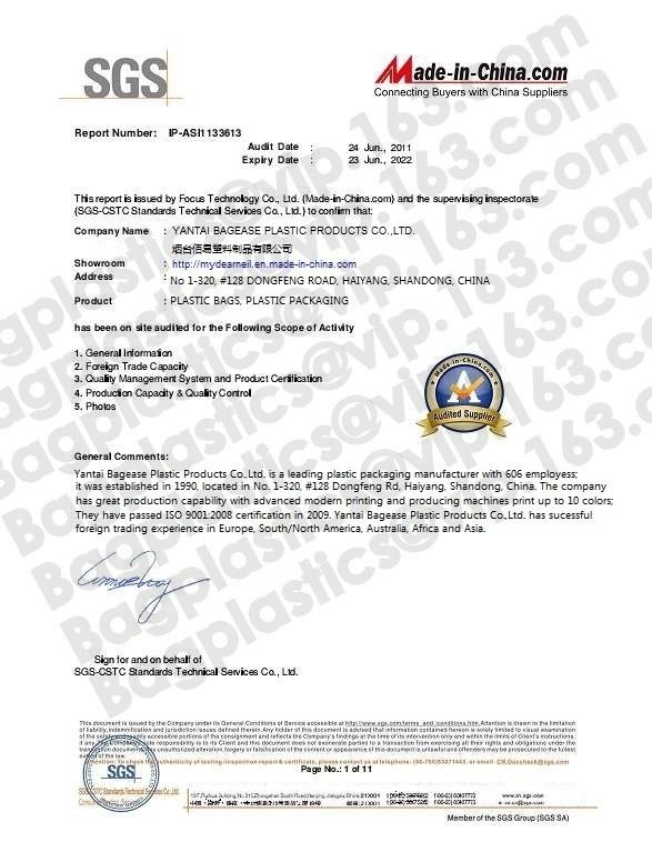 SGS AUDIT CERTIFICATE - YANTAI BAGEASE PACKAGING PRODUCTS CO.,LTD