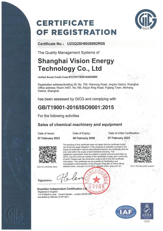 Quality Management System Certificate - Shanghai Vision Energy Technology Co., Ltd