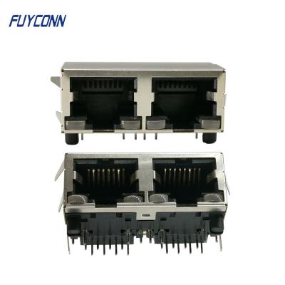 China 2 Ports 16 Pin PCB Right Angle Female RJ45 Connector With PBT Insulator for sale