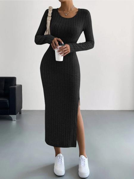 Quality 2024 Autumn and Winter New Long sleeved Round Neck Split Knitted Long Dress for for sale