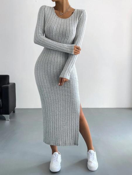 Quality 2024 Autumn and Winter New Long sleeved Round Neck Split Knitted Long Dress for for sale