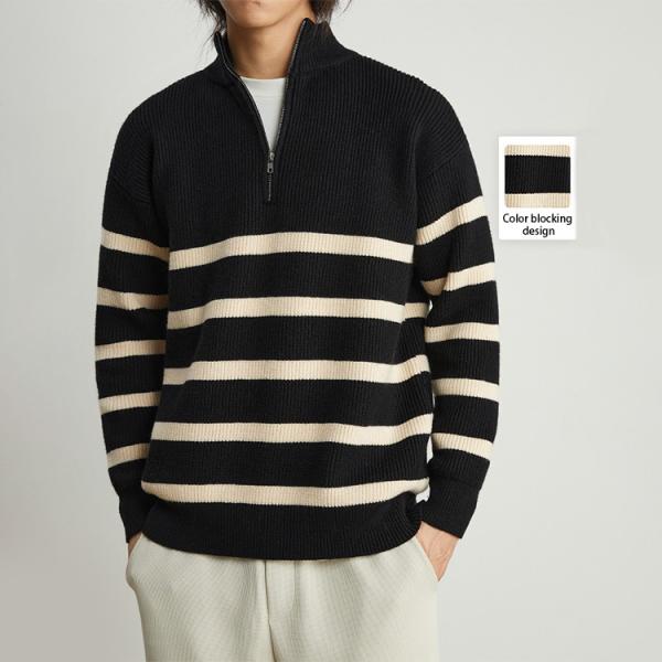 Quality High-Performance Men s Sweaters with Ribbed Collar Style and Half zip striped for sale