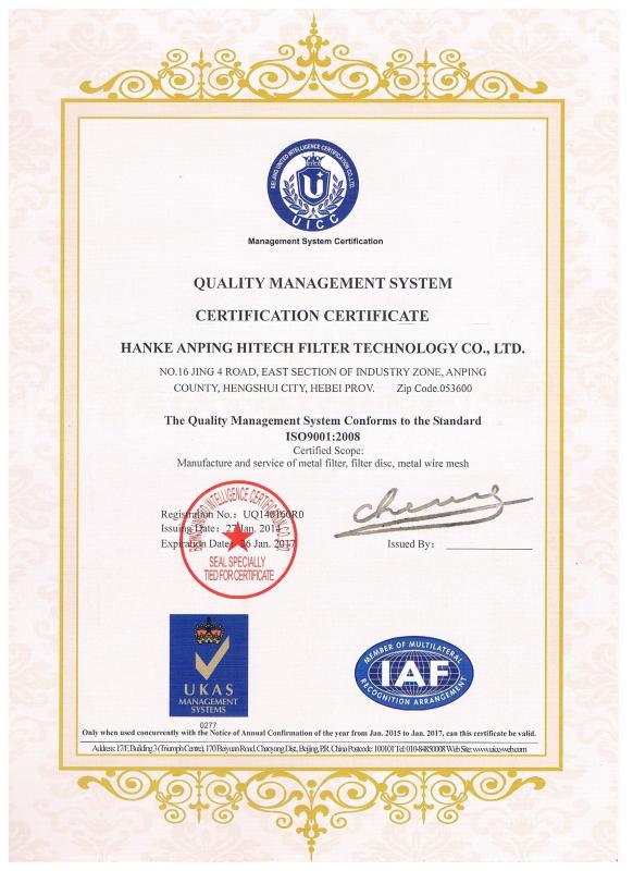 Quality management system certification - Anping Hanke Filtration Technology Co., Ltd