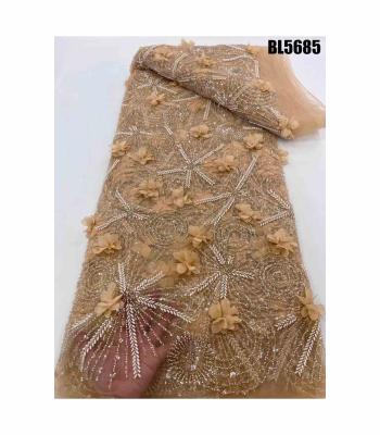 China 2023  Wedding Party Dress Bridal Dress Fabric High Quality Beaded Austria Embroidery African French Tulle Lace with Sequins for sale
