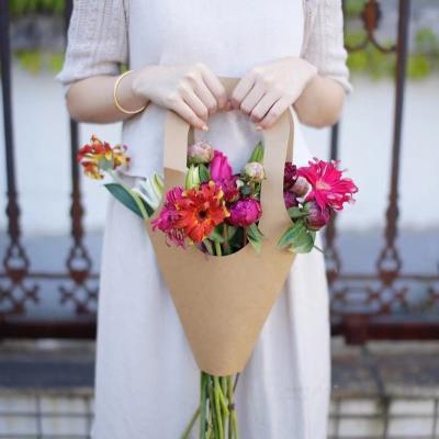 China Take Away Kraft Paper Flower Bags Plant Florist Bouquet Handle Flower Bag for sale