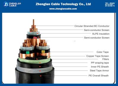 中国 6 35kv MVの送電線の銅のコンダクター3の中心XLPEの絶縁材の装甲電気ケーブルに 販売のため