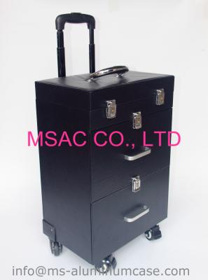 China Professional Makeup Cases On Wheels , Black Pu Leather Cosmetic Trolley Case for sale