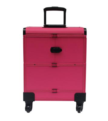 China Pink Leather Makeup Trolley Case With Wheels for sale