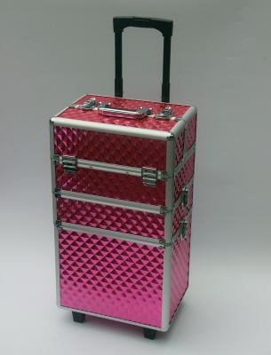 China Three Layers Makeup Travel Case , Custom Pink Aluminum Makeup Trolley Case for sale