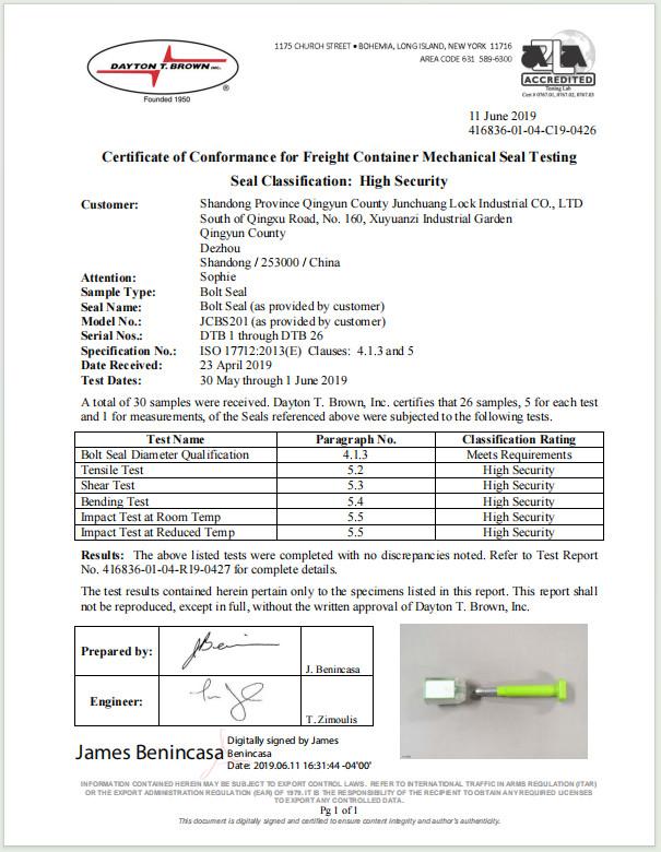 Certificate of Conformance for Freight Container Mechanical Seal - Shandong Qingyun County Junchuang Lock Industry Co., Ltd