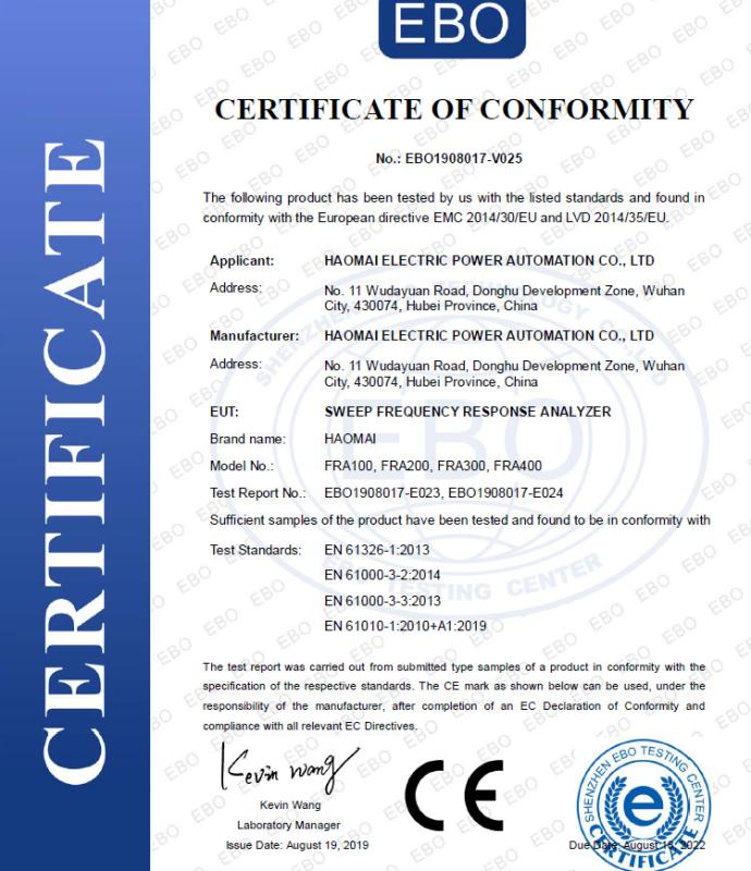 CE Certificate - HAOMAI ELECTRIC TEST EQUIPMENT CO.,LTD