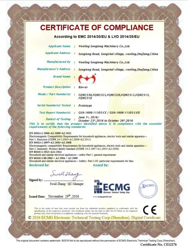 CERTIFICATE OF COMPLIANCE - Wenling Songlong Electromechanical Co., Ltd.
