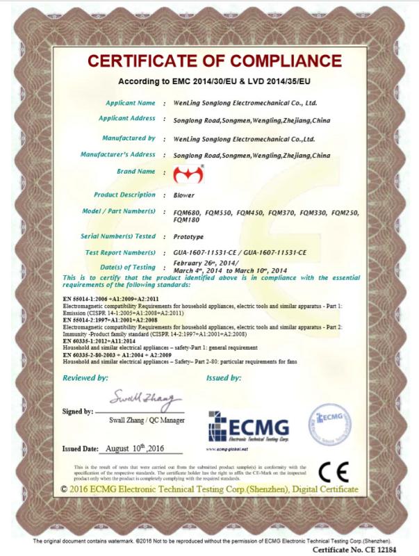 CERTIFICATE OF COMPLIANCE - Wenling Songlong Electromechanical Co., Ltd.