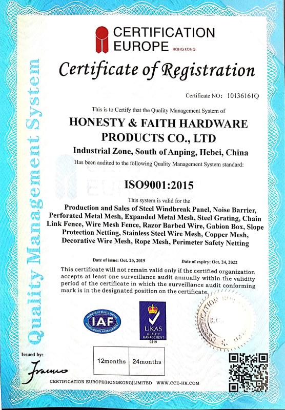 ISO9001:2015 - Honesty & Faith Hardware Products Co.,Ltd